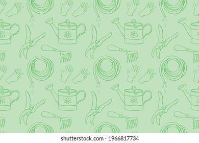 Nahtlose Muster mit Gartenmöbeln: Wasserdose, Rake, Heu, Handschuhe, Pruner, Schlauch für Bewässerung. Vektorhintergründe und -texturen mit Werkzeugen für die Gartenarbeit im Doodstyle