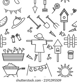 Seamless pattern with the outline of garden tools: wheelbarrow, shovel, scarecrow, gloves, fence, rake, flowers, flowerbed, sun, vegetables. Vector backgrounds with gardening tools in doodle style.