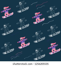 Seamless pattern with outline girls riding a snowboard. Vector illustration with deep blue background in a flat style. Winter outdoor activity wallpaper. Wrapping paper