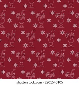 Seamless pattern with the outline of a glass of mulled wine on a red background. vector illustration