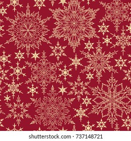 Seamless pattern with outline golden snowflakes on red background. Winter background. Abstract wallpaper, wrapping, cover, textile endless texture. Christmas geometric ornament.