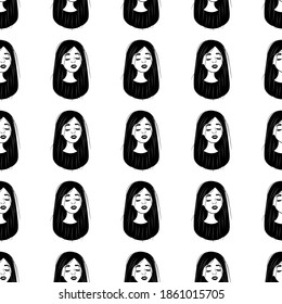 Seamless pattern with outline gorgeous avatars
girls on a white background. Profile of a young woman in front in a flat style. Joyful relaxed faces of people.
Stock vector illustration for design