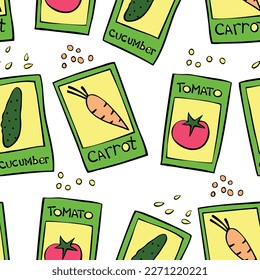 Patrón sin fisuras de bolsas de papel verde con semillas y verduras. Fondo vectorial brillante y textura. Tema de la jardinería, la agricultura, la agricultura
