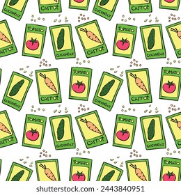 Patrón inconsútil de bolsas de papel verde contorno con semillas y verduras. Fondo brillante del vector y textura. Tema de jardinería, agricultura, agricultura