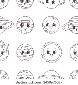 Seamless pattern with outline groovy planet characters in retro style 60s and 70s. Coloring book. Vector illustration in flat style