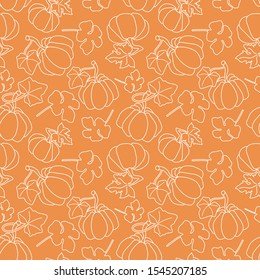 Seamless pattern with outline hand drawn sketch pumpkins on orange background. Vector illustration.