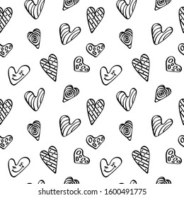 Seamless pattern with outline hand drawn heart shapes. Black and white valentine day backdrop. Vector illustartion.