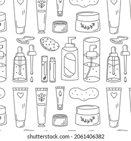 seamless pattern outline with hand drawn doodle elements of facial skin care products including serum, lip balm, moisturizing hand cream, face cream, eye cream, nose strip, cleanser, sponge