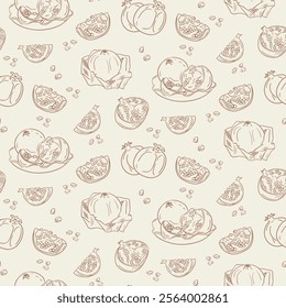 Seamless pattern with outline hand drawn pomegranate doodles, including whole fruits, slices, and scattered seeds in vintage, minimalist style on beige background. Vector contour line illustration