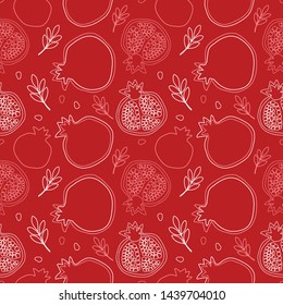 Seamless pattern with outline hand-drawn pomegranates. Decorative pomegranate vector pattern.