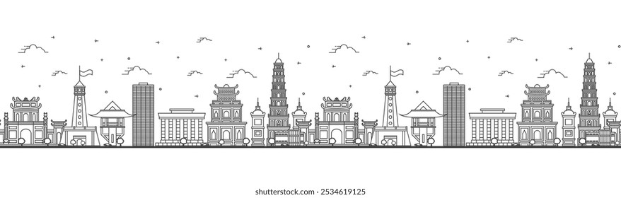 Seamless pattern with outline Hanoi Vietnam City Skyline with Modern and Historic Buildings Isolated on White. Vector illustration. Hanoi Cityscape with Landmarks.