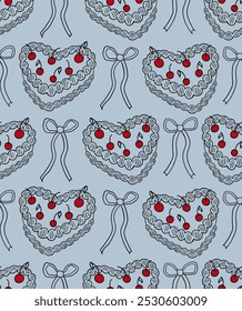 Seamless pattern with outline heart shaped cakes with cherries and red bows in sketch style. Vintage vector background with cakes and ribbons. Coquette retro aesthetic