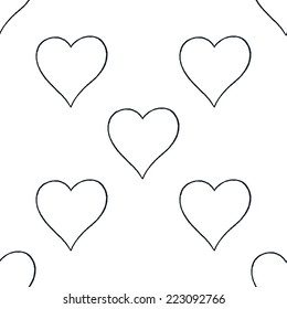 Seamless pattern with outline heart sign with black line contour isolated on white background. Hand drawn graphic design element save in vector illustration 8 eps