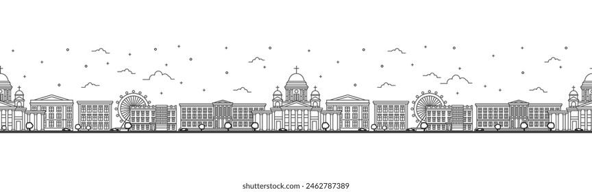 Patrón sin fisuras con contorno Helsinki Finland City Skyline. Edificios históricos aislados en blanco. Ilustración vectorial. Helsinki Cityscape con Lugares famosos.