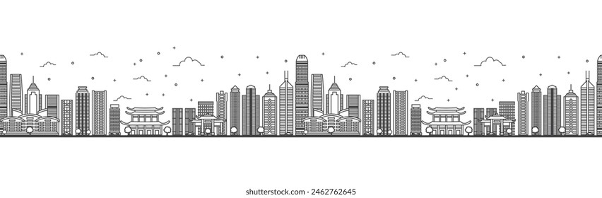 Nahtloses Muster mit Umriss Hong Kong China City Skyline. Moderne Gebäude isoliert auf weiß. Vektorillustration. Hong Kong Stadtbild mit Wahrzeichen.