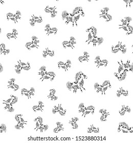 Seamless pattern of outline horse. Doodle seamless pattern of outline horse with floral elements on white background. Child illustration. Floral ornament. Vector design. Vector illustration