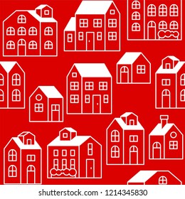 seamless pattern outline house or cottage in winter theme,flat design vector editable stroke.