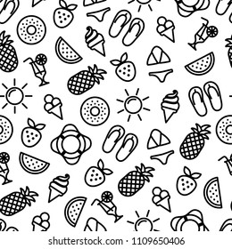 Seamless pattern of outline ice cream, cocktail, sun, pineapple, watermelon, kiwi made in vector. Summer pattern.