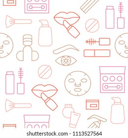Seamless pattern outline icon of cosmetic and make up set
