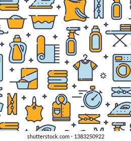 Seamless pattern with outline icons of clothes, towels, cleanig chemistry. Background for laundry, dry cleaning.