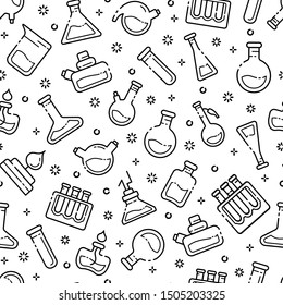 seamless pattern with outline icons - laboratory flasks, measuring cup and test tubes for diagnosis, analysis, scientific experiment. Chemical lab and equipment. Isolated vector texture on white 