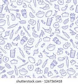 Seamless pattern with outline icons on a theme kitchen accessories and food , blue  contour  icons on the clean writing-book sheet in a cage