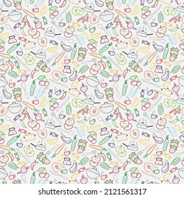Seamless pattern with outline icons on a theme kitchen accessories and food , the colored contour on a light background