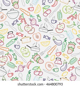 Seamless pattern with outline icons on a theme kitchen accessories and food , the colored contour on a light background