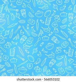 Seamless pattern with outline icons on a theme kitchen accessories and food , a light  outline on a blue  background