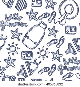 Seamless pattern of outline illustration vector set of vacation and beach elements for design hand drawn by pen