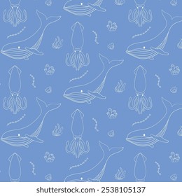 Padrão sem costura com ilustração de contorno de baleia, lula, coral, algas marinhas em um fundo azul. Ideal para tecidos marinhos, papel de parede e decoração.