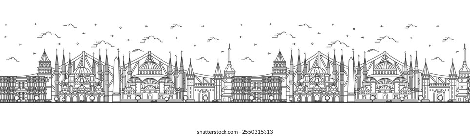 Seamless pattern with outline Istanbul Turkey City Skyline with Historic Buildings Isolated on White. Vector Illustration. Istanbul Cityscape with Landmarks.