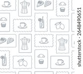 Seamless pattern with outline Italian metallic coffee maker, cup and desserts. Background for poster, banner, fabric, menu and print design. Vector illustration