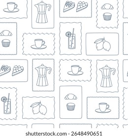 Seamless pattern with outline Italian metallic coffee maker, cup and desserts. Background for poster, banner, fabric, menu and print design. Vector illustration