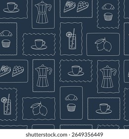 Padrão sem costura com esboço italiano metálico cafeteira, xícara e sobremesas no fundo azul. Modelo para cartaz, banner, tecido, menu e design de impressão. Ilustração vetorial