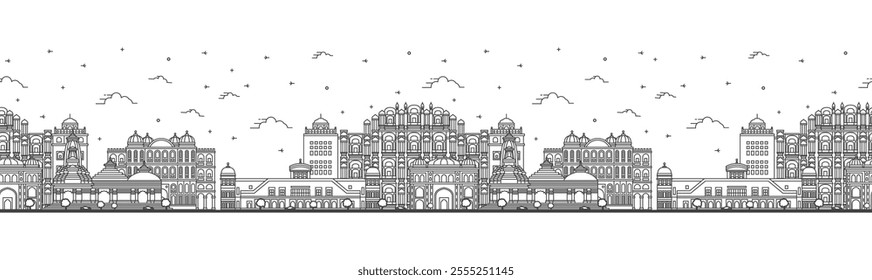 Seamless pattern with Outline Jaipur India City Skyline with Historic Buildings Isolated on White. Vector Illustration. Jaipur Cityscape with Landmarks.