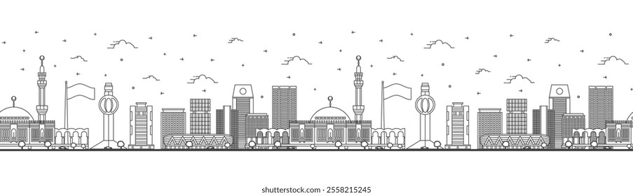 Seamless pattern with Outline Jeddah Saudi Arabia City Skyline with Modern and Historic Buildings Isolated on White. Vector Illustration. Jeddah Cityscape with Landmarks.