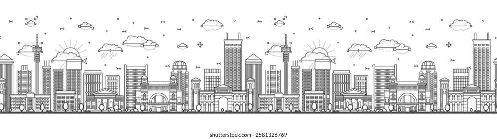 Seamless pattern with Outline Johannesburg South Africa City Skyline with Modern and Historic Buildings Isolated on White. Vector Illustration. Johannesburg Cityscape with Landmarks.