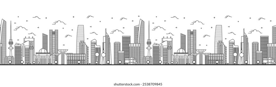 Padrão contínuo com contorno do horizonte da cidade do Kuwait com edifícios modernos isolados em branco. Ilustração de vetor. Paisagem urbana do Kuwait com pontos de referência.