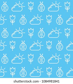 Seamless pattern of outline ladybug, flower and clouds with sun made in vector. Summer pattern.
