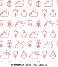 Seamless pattern of outline ladybug, flower and clouds with sun made in vector. Summer pattern.