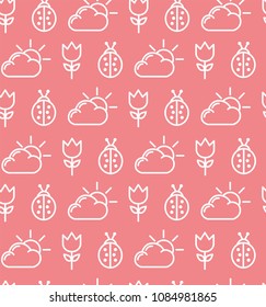 Seamless pattern of outline ladybug, flower and clouds with sun made in vector. Summer pattern.