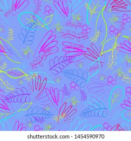 Seamless pattern of outline leaves, flowers, branches berries in neon colours, for wrapping paper, wallpaper, fabric pattern, backdrop, print
