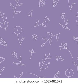 Seamless pattern with outline leaves and flowers on purple background. Abstract vector backdrop for textile, posters, flyers, wallpapers etc.