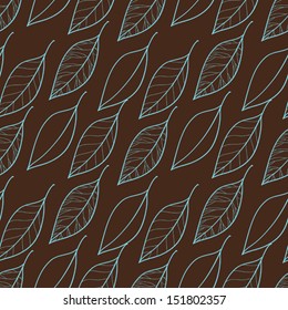 Seamless Pattern With Outline Leaves On Dark Brown Background. Autumn Ornament Wallpaper. Digital Or Wrapping Paper.