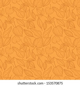 Seamless Pattern With Outline Leaves On Orange Background. Autumn Ornament Wallpaper.