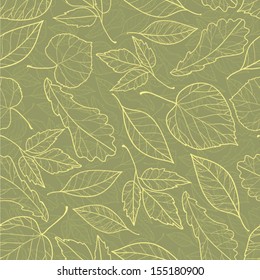 Seamless Pattern With Outline Leaves On Green Background. Autumn Ornament Wallpaper. Digital Or Wrapping Paper.