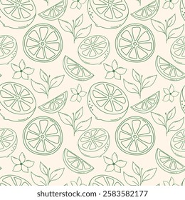Seamless Pattern with outline lemons. Hand drawn outline lemon pattern design with lemon flowers, leaves, half cut lemons and lemon slices for fabrics, wallpaper