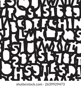 Seamless pattern with outline letters of simple, thick, geometric shape. Abstract vector monochrome background with latin letters. Wallpaper, wrapping paper, fabric, textile. No AI used