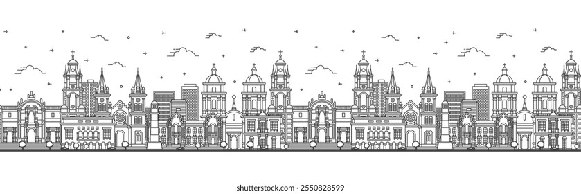 Nahtloses Muster mit Umriss Lima Peru City Skyline mit modernen und historischen Gebäuden isoliert auf Weiß. Vektorgrafik. Lima Stadtlandschaft mit Sehenswürdigkeiten.